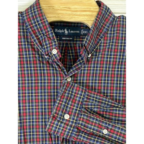 Ralph Lauren‎ Men's Blue Red Yellow Multicolor Plaid Check 2XL Custom Fit Cotton - Picture 1 of 8